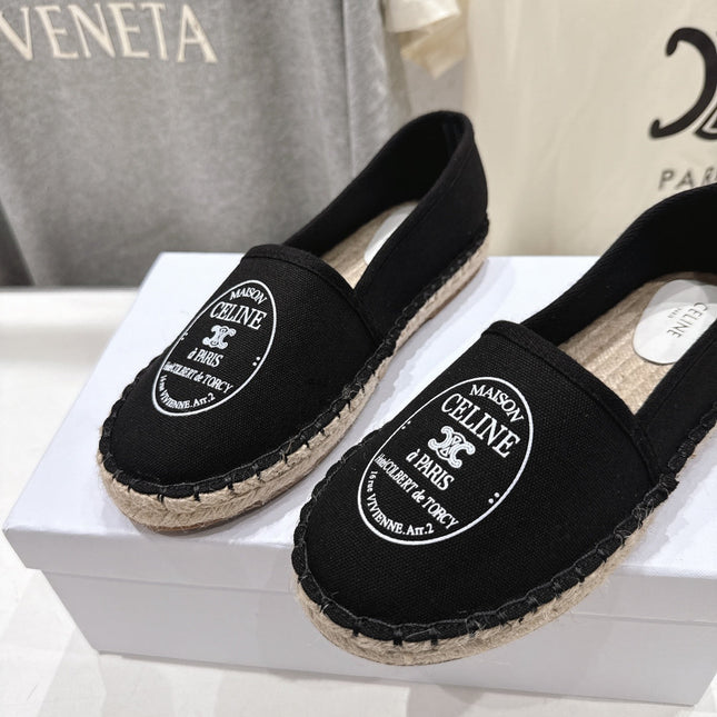 CELINE 26S MAISON PARIS EMBLEM ESPADRILLE FLATS IN BLACK CANVAS