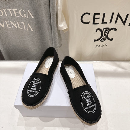 CELINE 26S MAISON PARIS EMBLEM ESPADRILLE FLATS IN BLACK CANVAS
