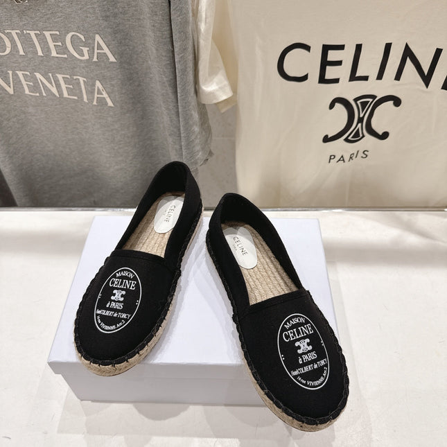 CELINE 26S MAISON PARIS EMBLEM ESPADRILLE FLATS IN BLACK CANVAS