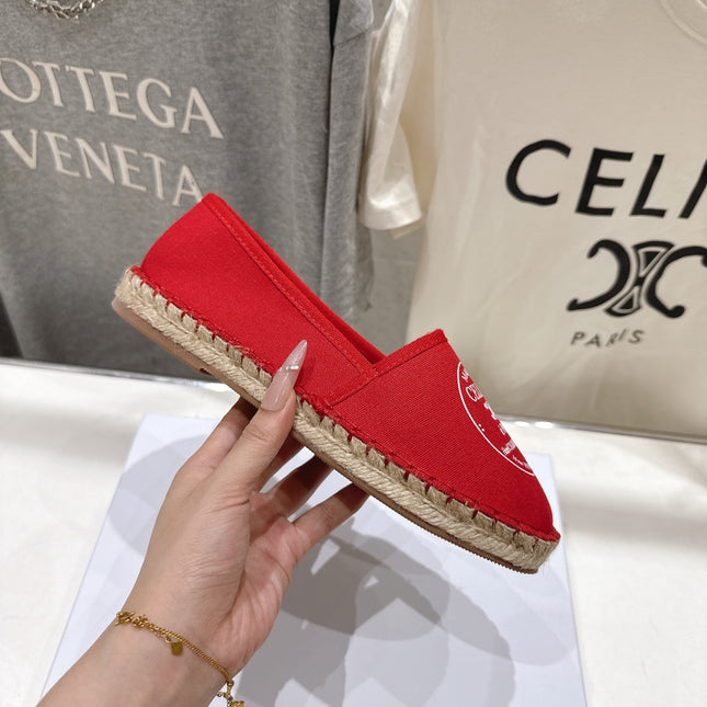 CELINE 26S MAISON PARIS EMBLEM ESPADRILLE FLATS IN DARK RED CANVAS