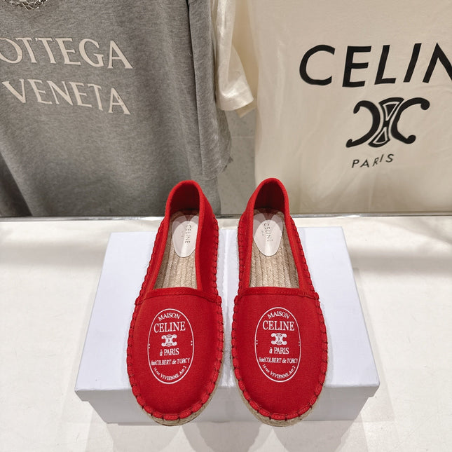 CELINE 26S MAISON PARIS EMBLEM ESPADRILLE FLATS IN DARK RED CANVAS