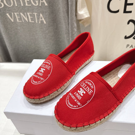 CELINE 26S MAISON PARIS EMBLEM ESPADRILLE FLATS IN DARK RED CANVAS