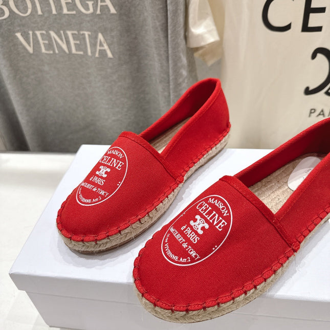 CELINE 26S MAISON PARIS EMBLEM ESPADRILLE FLATS IN DARK RED CANVAS
