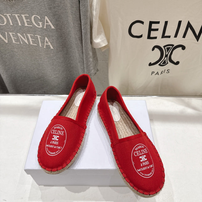 CELINE 26S MAISON PARIS EMBLEM ESPADRILLE FLATS IN DARK RED CANVAS