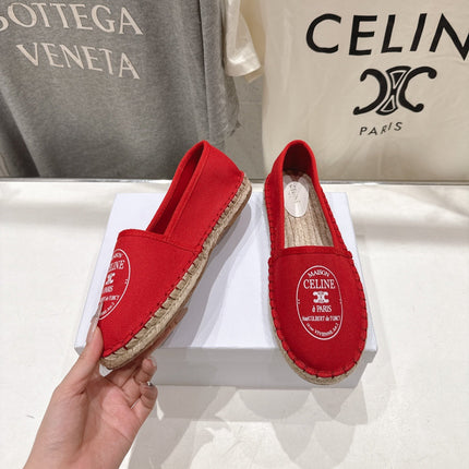 CELINE 26S MAISON PARIS EMBLEM ESPADRILLE FLATS IN DARK RED CANVAS