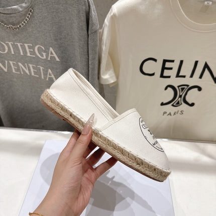 CELINE 26S MAISON PARIS EMBLEM ESPADRILLE FLATS IN IVORY WHITE CANVAS