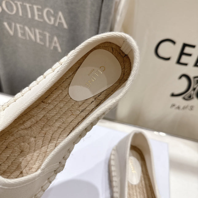 CELINE 26S MAISON PARIS EMBLEM ESPADRILLE FLATS IN IVORY WHITE CANVAS