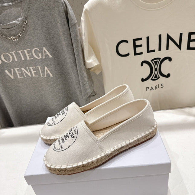CELINE 26S MAISON PARIS EMBLEM ESPADRILLE FLATS IN IVORY WHITE CANVAS
