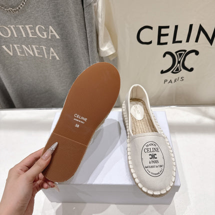 CELINE 26S MAISON PARIS EMBLEM ESPADRILLE FLATS IN IVORY WHITE CANVAS