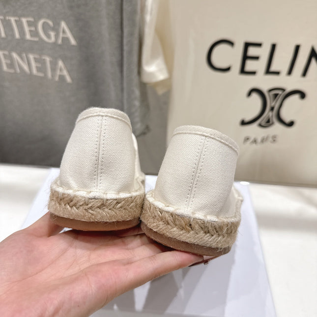 CELINE 26S MAISON PARIS EMBLEM ESPADRILLE FLATS IN IVORY WHITE CANVAS