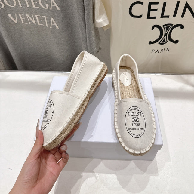 CELINE 26S MAISON PARIS EMBLEM ESPADRILLE FLATS IN IVORY WHITE CANVAS