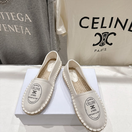 CELINE 26S MAISON PARIS EMBLEM ESPADRILLE FLATS IN IVORY WHITE CANVAS