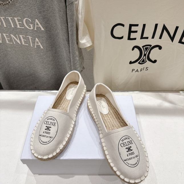 CELINE 26S MAISON PARIS EMBLEM ESPADRILLE FLATS IN IVORY WHITE CANVAS