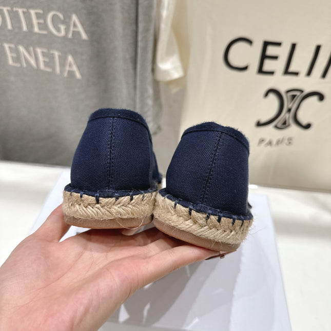 CELINE 26S MAISON PARIS EMBLEM ESPADRILLE FLATS IN NAVY BLUE CANVAS