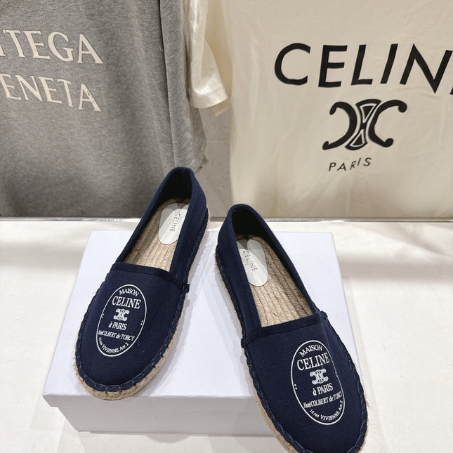 CELINE 26S MAISON PARIS EMBLEM ESPADRILLE FLATS IN NAVY BLUE CANVAS