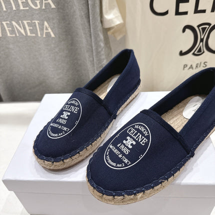 CELINE 26S MAISON PARIS EMBLEM ESPADRILLE FLATS IN NAVY BLUE CANVAS