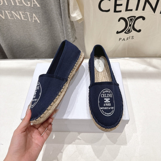 CELINE 26S MAISON PARIS EMBLEM ESPADRILLE FLATS IN NAVY BLUE CANVAS
