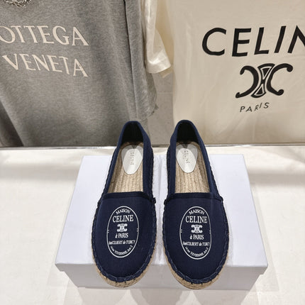 CELINE 26S MAISON PARIS EMBLEM ESPADRILLE FLATS IN NAVY BLUE CANVAS
