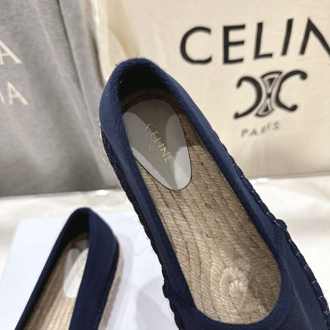 CELINE 26S MAISON PARIS EMBLEM ESPADRILLE FLATS IN NAVY BLUE CANVAS