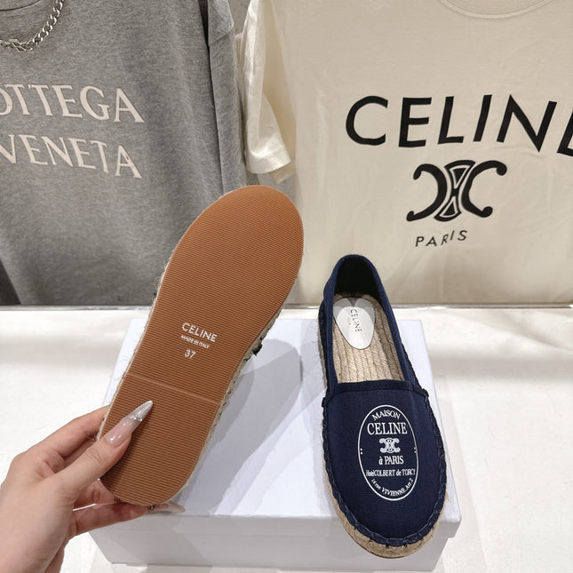 CELINE 26S MAISON PARIS EMBLEM ESPADRILLE FLATS IN NAVY BLUE CANVAS