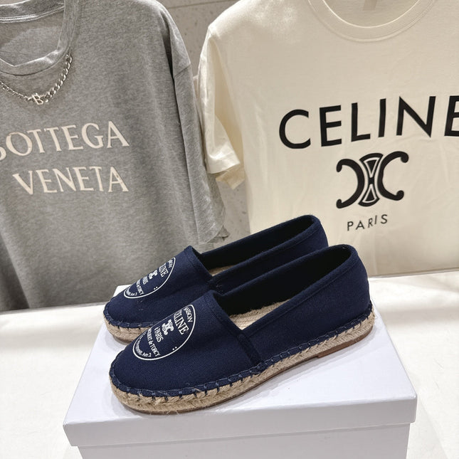 CELINE 26S MAISON PARIS EMBLEM ESPADRILLE FLATS IN NAVY BLUE CANVAS