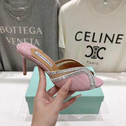 AQUAZZURA 26S HEEL SANDALS 80 MM IN LIGHT PINK CANVAS WITH CRYSTALS