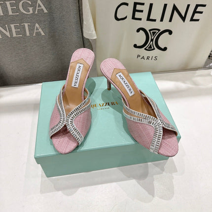 AQUAZZURA 26S HEEL SANDALS 80 MM IN LIGHT PINK CANVAS WITH CRYSTALS