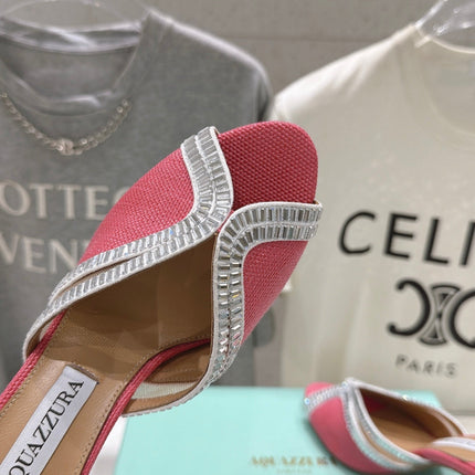 AQUAZZURA 26S HEEL SANDALS 80 MM IN CORAL PINK CANVAS WITH CRYSTALS