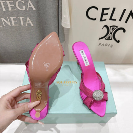 AQUAZZURA 26S HEEL SANDALS 80 MM IN DARK PINK SATIN CRYSTAL-EMBELLISHED SPHERE