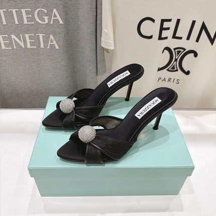 AQUAZZURA 26S HEEL SANDALS 80 MM IN BLACK SATIN CRYSTAL-EMBELLISHED SPHERE