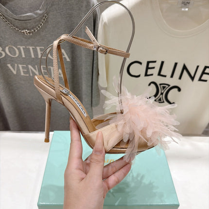 AQUAZZURA 26S BOUQUET HEELED SANDALS 100 MM IN BEIGE SATIN & CALFSKIN