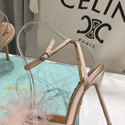 AQUAZZURA 26S BOUQUET HEELED SANDALS 100 MM IN BEIGE SATIN & CALFSKIN