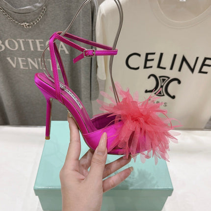AQUAZZURA 26S BOUQUET HEELED SANDALS 100 MM IN PINK SATIN & CALFSKIN