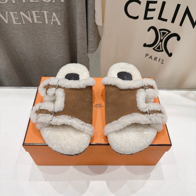 HM 26S CHYPRE SANDALS IN BROWN SUEDE AND CREAM WHITE WOOL