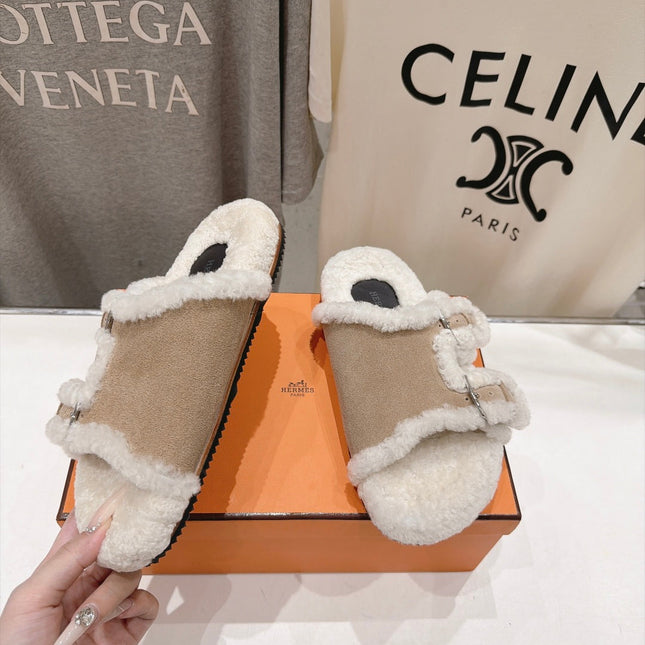 HM 26S CHYPRE SANDALS IN BEIGE SUEDE AND CREAM WHITE WOOL
