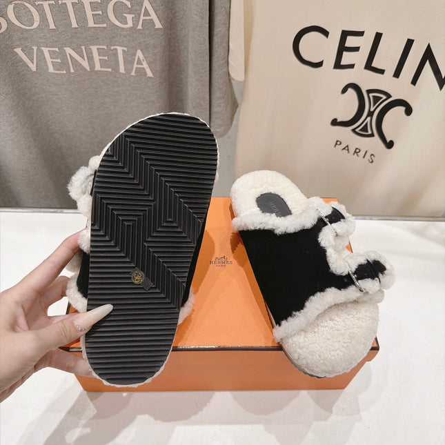 HM 26S CHYPRE SANDALS IN BLACK SUEDE AND CREAM WHITE WOOL