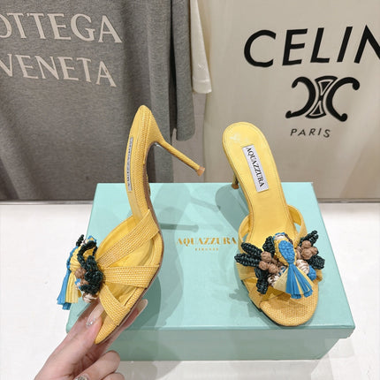 AQUAZZURA 26S FLORAL APPLIQUE SANDALS 80 MM IN YELLOW WOVEN FABRIC
