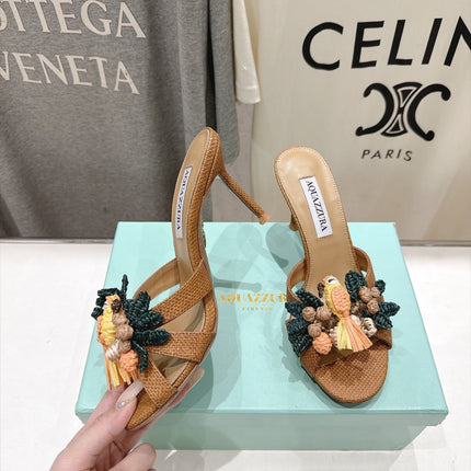 AQUAZZURA 26S FLORAL APPLIQUE SANDALS 80 MM IN BROWN WOVEN FABRIC
