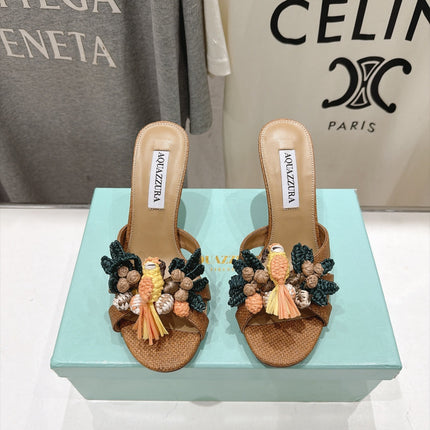 AQUAZZURA 26S FLORAL APPLIQUE SANDALS 80 MM IN BROWN WOVEN FABRIC