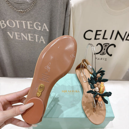 AQUAZZURA 26S FLORAL APPLIQUE THONG SANDALS IN BROWN CALFSKIN