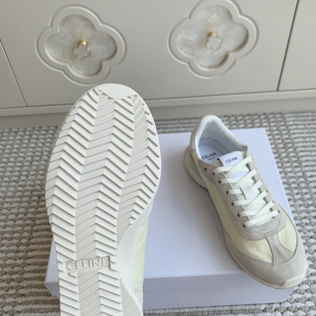 CELINE 26S TRIOMPHE RUNNER SNEAKERS IN CREAM WHITE NYLON AND LIGHT GREY SUEDE