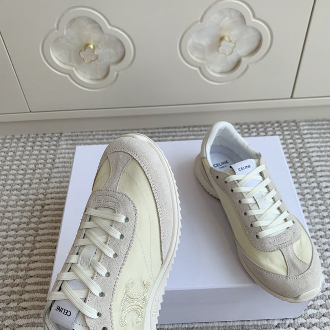CELINE 26S TRIOMPHE RUNNER SNEAKERS IN CREAM WHITE NYLON AND LIGHT GREY SUEDE