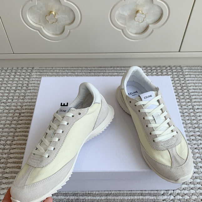 CELINE 26S TRIOMPHE RUNNER SNEAKERS IN CREAM WHITE NYLON AND LIGHT GREY SUEDE