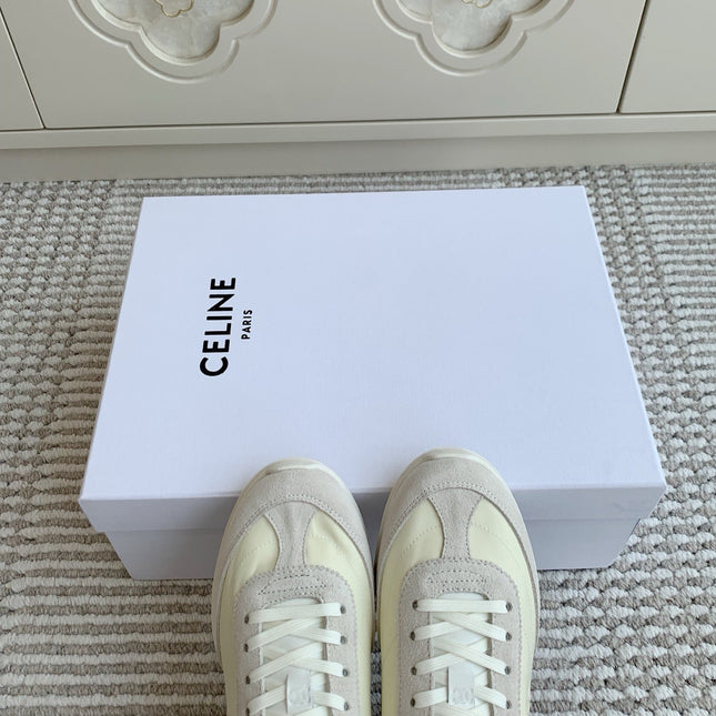 CELINE 26S TRIOMPHE RUNNER SNEAKERS IN CREAM WHITE NYLON AND LIGHT GREY SUEDE