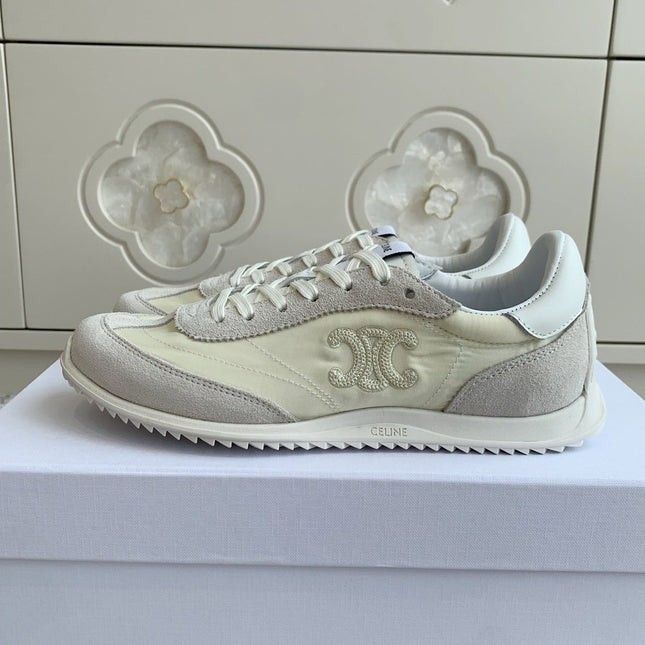 CELINE 26S TRIOMPHE RUNNER SNEAKERS IN CREAM WHITE NYLON AND LIGHT GREY SUEDE