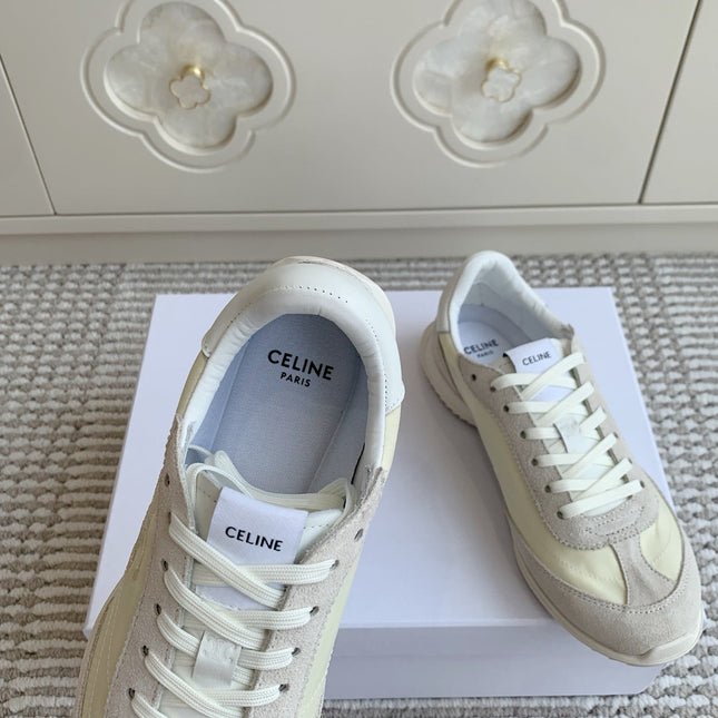 CELINE 26S TRIOMPHE RUNNER SNEAKERS IN CREAM WHITE NYLON AND LIGHT GREY SUEDE