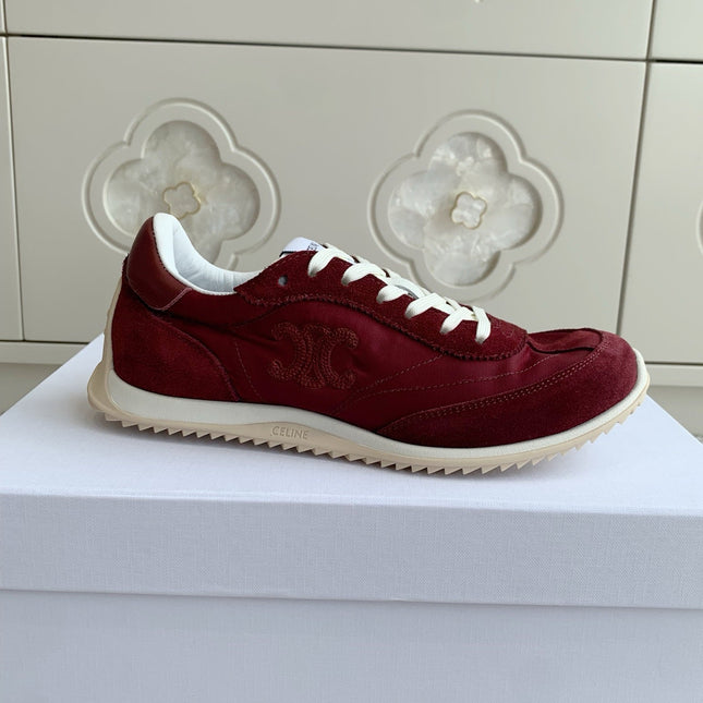 CELINE 26S TRIOMPHE RUNNER SNEAKERS IN BURGUNDY RED NYLON AND SUEDE