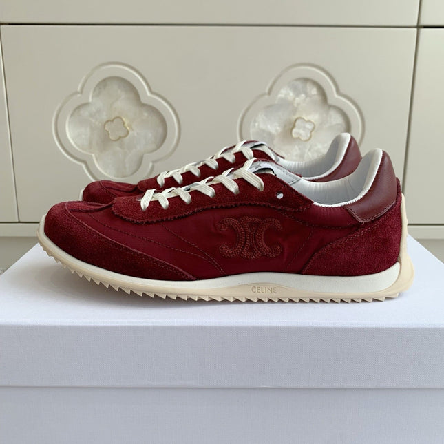 CELINE 26S TRIOMPHE RUNNER SNEAKERS IN BURGUNDY RED NYLON AND SUEDE