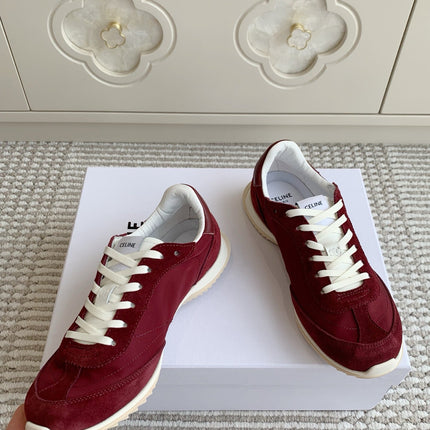 CELINE 26S TRIOMPHE RUNNER SNEAKERS IN BURGUNDY RED NYLON AND SUEDE