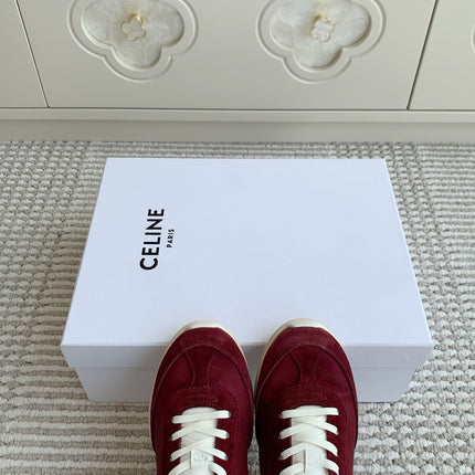 CELINE 26S TRIOMPHE RUNNER SNEAKERS IN BURGUNDY RED NYLON AND SUEDE
